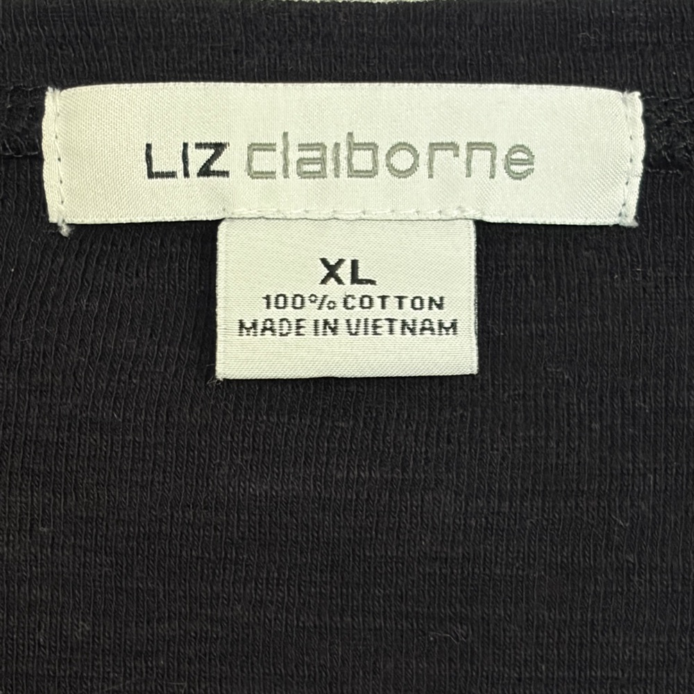 Liz Claiborne Henley Top Womens XL Black Excellent Slub Knit Cotton Tee - Picture 2 of 6